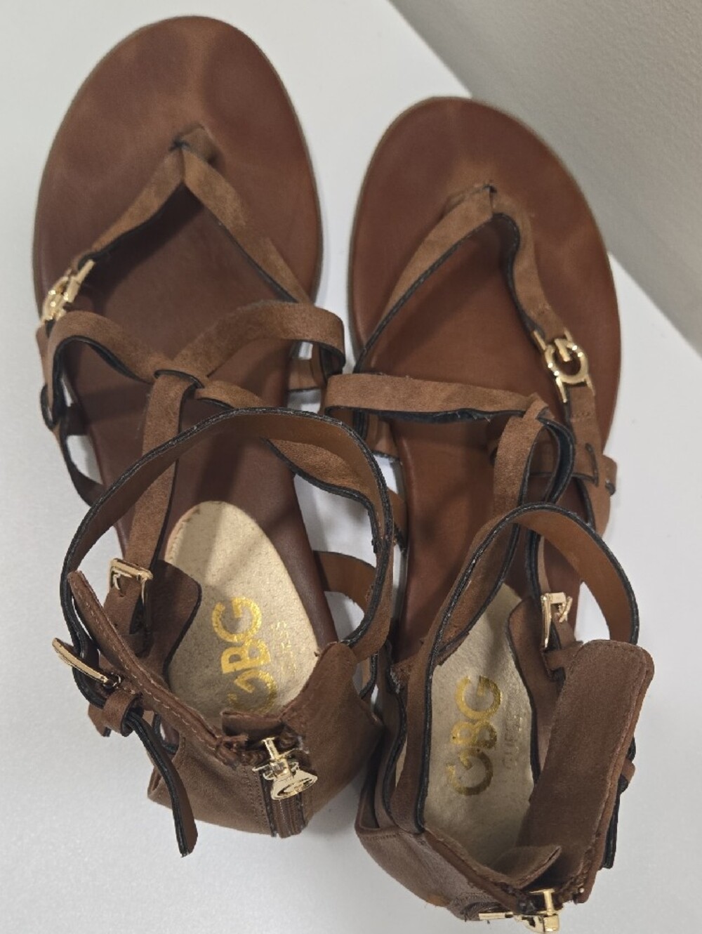 G by Guess Brown Strappy Gladiator Sandals with Gold Accent - Picture 11 of 12